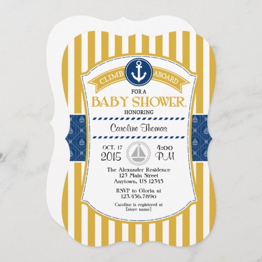 Gold Blue Nautical Baby Shower Einladung (Vorne/Hinten)