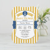Gold Blue Nautical Baby Shower Einladung (Stehend Vorderseite)