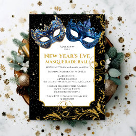 Gold Blue New Year's Eve Masquerade Ball Einladung