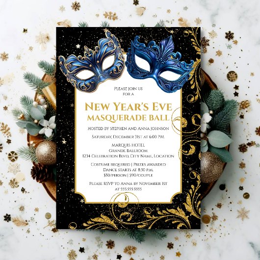 Gold Blue New Year's Eve Masquerade Ball Einladung