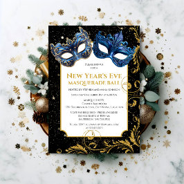 Gold Blue New Year's Eve Masquerade Ball Einladung