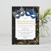 Gold Blue New Year's Eve Masquerade Ball Einladung (Stehend Vorderseite)