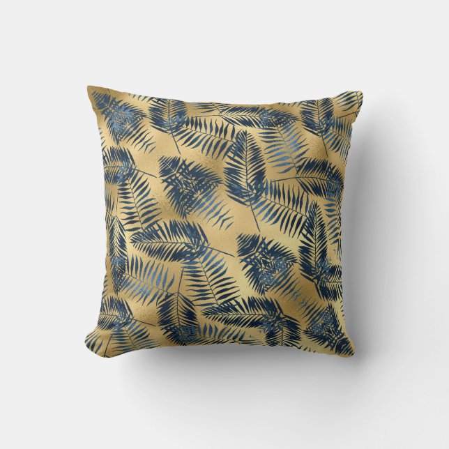 Gold Blue Palm Leaf Throw Pillow  Kissen (Vorderseite)