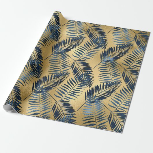 Gold Blue Palm Leaf Wrapping Paper  Geschenkpapier (Ungerollt)