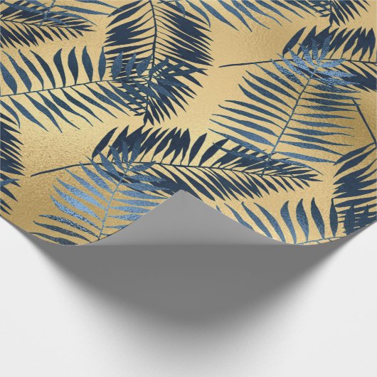 Gold Blue Palm Leaf Wrapping Paper  Geschenkpapier (Ecke)