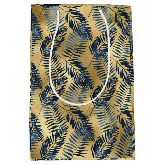 Gold Blue Palm Leaf Wrapping Paper Mittlere Geschenktüte (Vorderseite)