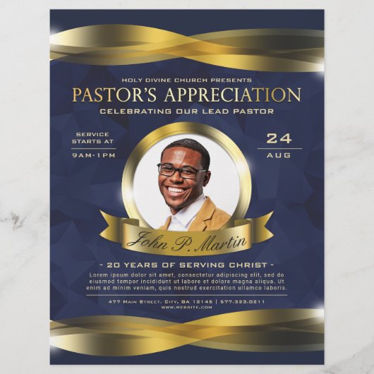 Gold & Blue Pastor's Appreciation Kirche Service Flyer (Vorne)