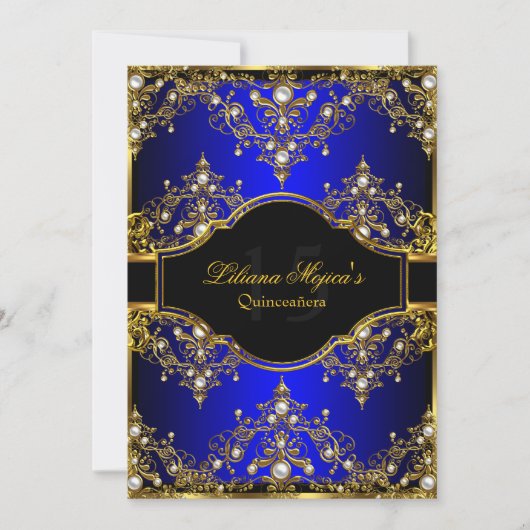 Gold Blue Pearl Vintag Glamour Quinceanera Einladung (Vorderseite)