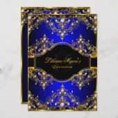 Gold Blue Pearl Vintag Glamour Quinceanera Einladung (Vorne/Hinten)