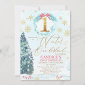 Gold Blue Pine Tree Winter Onederland Birthday Inv Einladung (Vorderseite)