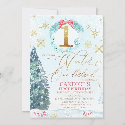 Gold Blue Pine Tree Winter Onederland Birthday Inv Einladung (Vorderseite)