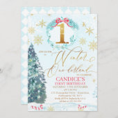 Gold Blue Pine Tree Winter Onederland Birthday Inv Einladung (Vorne/Hinten)