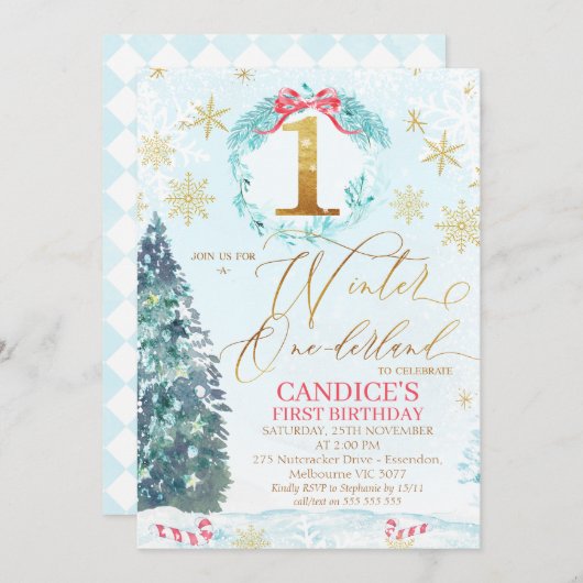 Gold Blue Pine Tree Winter Onederland Birthday Inv Einladung (Vorne/Hinten)