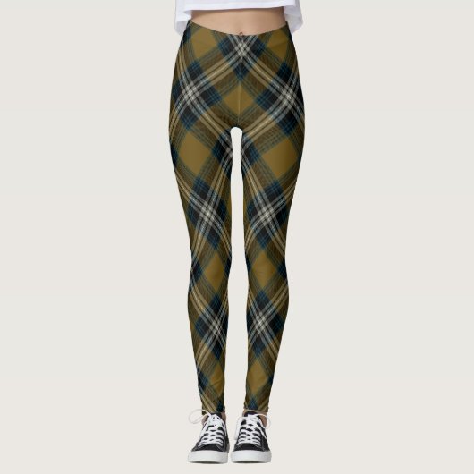 Gold Blue Raute Tartan Kariertes Muster Leggings (Vorderseite)