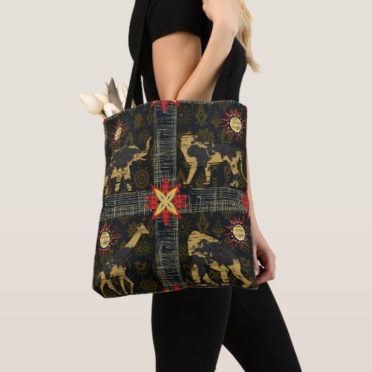 Gold Blue Red Safari World Map Afrikanische Tiere Tasche (Von Nahem)