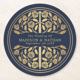 Gold Blue Royal Medieval Sword Wedding Runder Pappuntersetzer