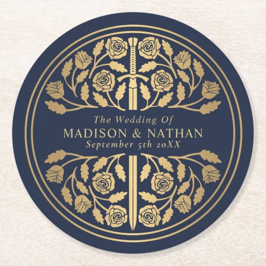 Gold Blue Royal Medieval Sword Wedding Runder Pappuntersetzer (Vorderseite)