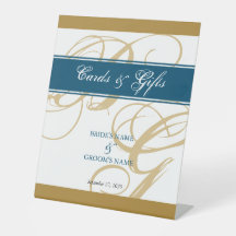 Gold Blue Script Monogram Wedding Cards & Gifts
