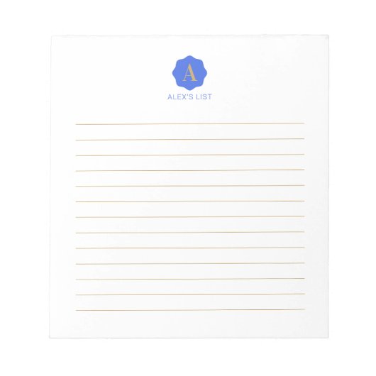 Gold & Blue Simple Modern Monogram Personalisiert Notizblock (Vorderseite)