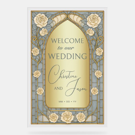 Gold Blue Stained Glass Floral Wedding Welcome  Acrylschild (Vorderseite)