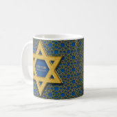 Gold Blue Star von David Hebrew Shabbat Shalom Kaffeetasse (Vorderseite Links)