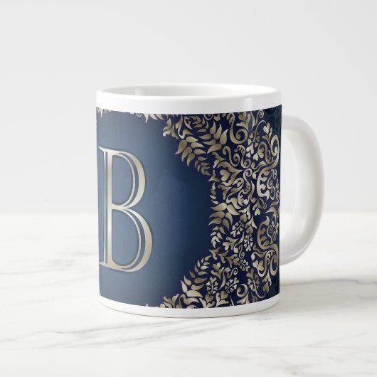 Gold Blue Verziert B Extravagant Damask Monogram Jumbo-Tasse (Vorderseite Rechts)