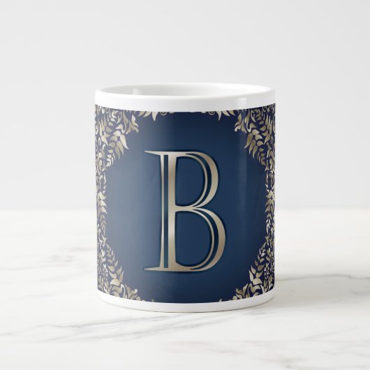Gold Blue Verziert B Extravagant Damask Monogram Jumbo-Tasse (Vorderseite)