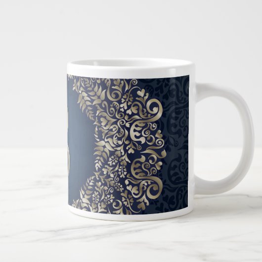 Gold Blue Verziert B Extravagant Damask Monogram Jumbo-Tasse (Rechts)