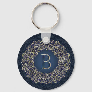 Gold Blue Verziert B Extravagant Damask Monogram Schlüsselanhänger