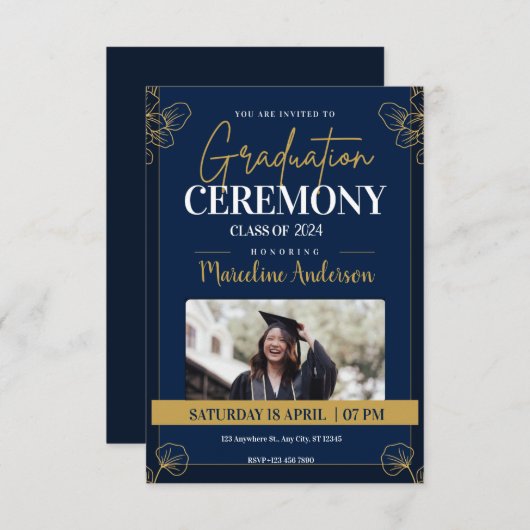 Gold Blue Vintag Classic Abschluss Einladung (Vorne/Hinten)