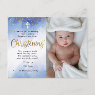 Gold & Blue Watercolor Christening Foto Vielen Dan Postkarte