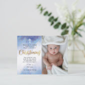 Gold & Blue Watercolor Christening Foto Vielen Dan Postkarte (Stehend Vorderseite)