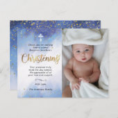 Gold & Blue Watercolor Christening Foto Vielen Dan Postkarte (Vorne/Hinten)