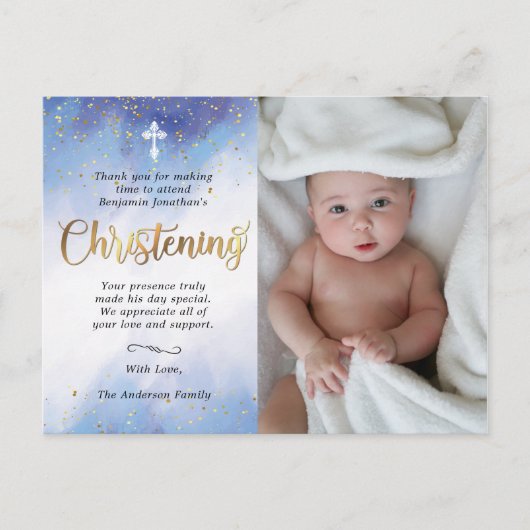 Gold & Blue Watercolor Christening Foto Vielen Dan Postkarte (Vorderseite)