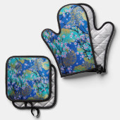 Gold Blue White Japanisch Sakura Kimono Floral Ofenhandschuh & Topflappen-Set (Vorderseite/Rückseite)