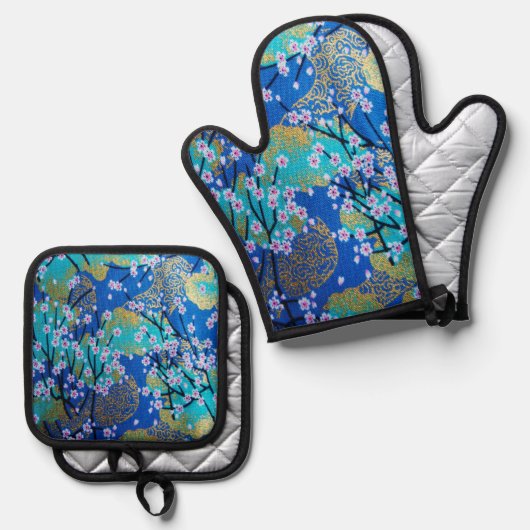 Gold Blue White Japanisch Sakura Kimono Floral Ofenhandschuh & Topflappen-Set (Vorderseite/Rückseite)