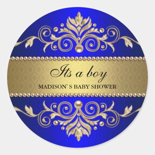 Gold Blüh Blue Elegant Baby Dusche A Boy Runder Aufkleber (Vorderseite)