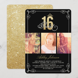 Gold Blüh Glam Sweet 16 Foto Geburtstagsparty Einladung