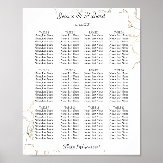 Gold Blume 12 Tables Seating Chart Plakatzeichen Poster (Vorne)