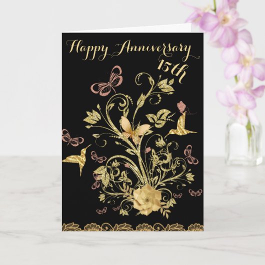 Gold Blume 15. Happy Wedding Anniversary Couple Karte (Orchidee)