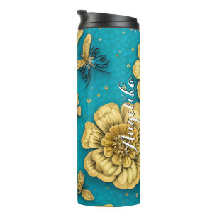 Gold Blume Aquamarin Background Individuelle Name Thermosbecher