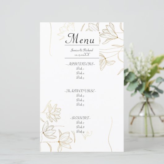 Gold Blume Dinner Menu Card (Stehend Vorderseite)