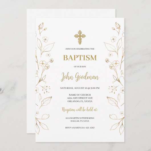 Gold Blume Minimalistisch Taufe Spanisch Einladung (Vorne/Hinten)