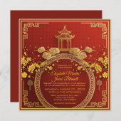 Gold Blume & Pagoda Rote Chinesische Hochzeit Einl Einladung (Vorne/Hinten)