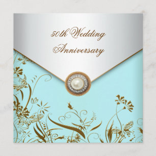 Gold Blume Pearl Aquamarin 50. Hochzeitstag Einladung
