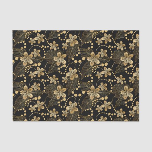 Gold Blume Perlen und Blätter auf Black Decoupage Seidenpapier (Vorderseite)