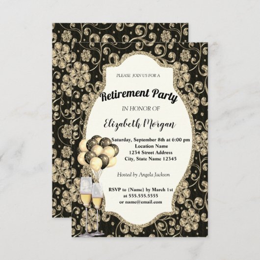 Gold-Blume-Wine-Glas , Ballons, Party für das Ruhe Einladung (Vorne/Hinten)