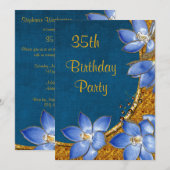 Gold & Blumen 35. Geburtstag Einladung (Vorne/Hinten)