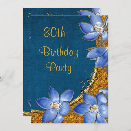 Gold & Blumen 80. Geburtstag Einladung (Vorne/Hinten)