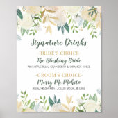 Gold Blumengrün Hochzeitssignatur Drinks Poster (Vorne)